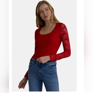 New Madden NYC Women's large Lace Scoop Neck Top with Long Sleeves red